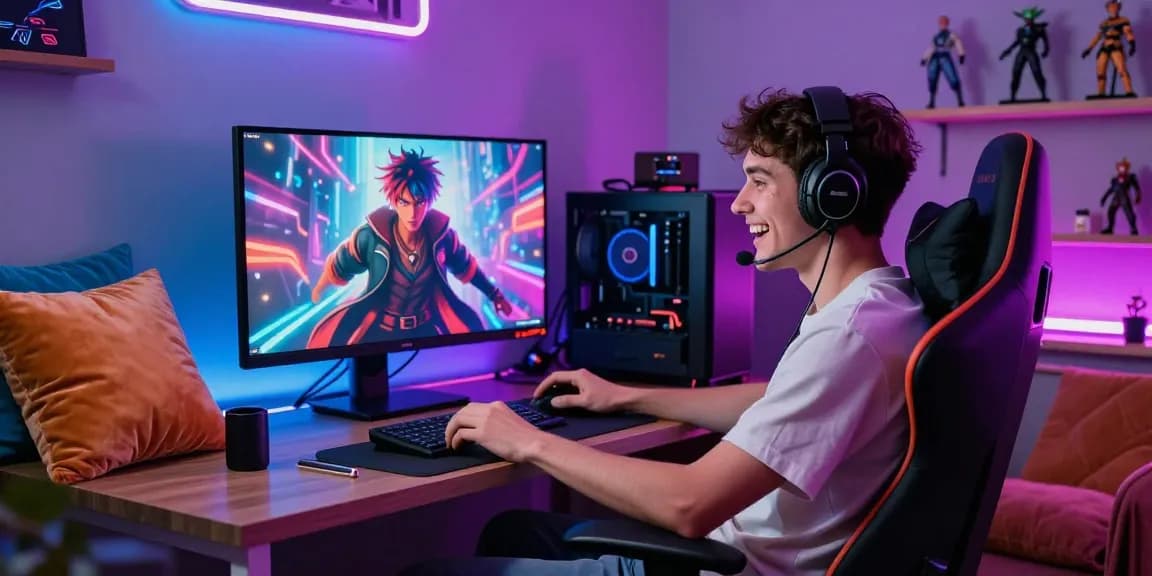 User enjoying an nsfw ai interaction in a stylish gaming setup, showcasing vibrant digital art and immersive atmosphere.