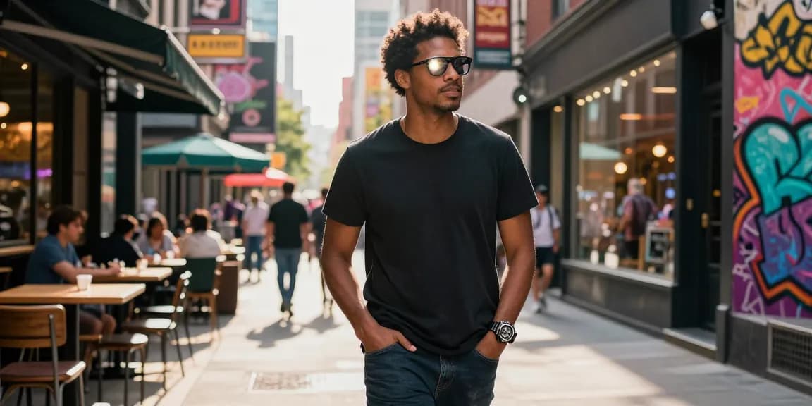 Stylish individual showcasing super clone watches in a vibrant city.