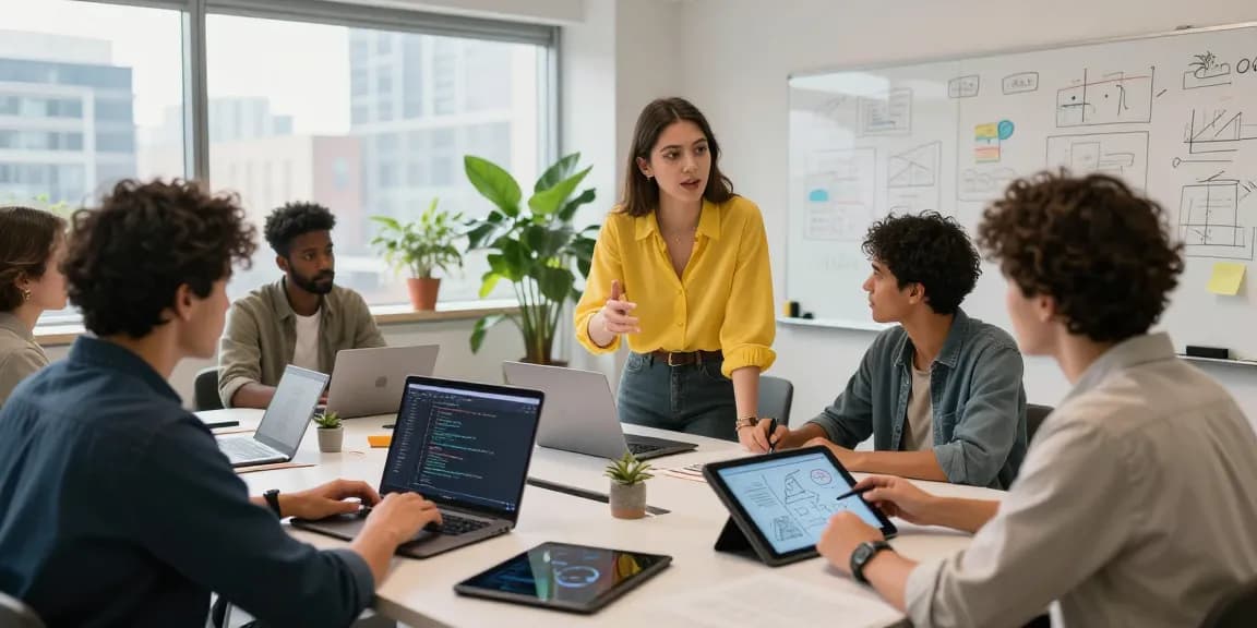 Team collaboratively using AI productivity tools in a vibrant tech workspace to boost innovation and efficiency.