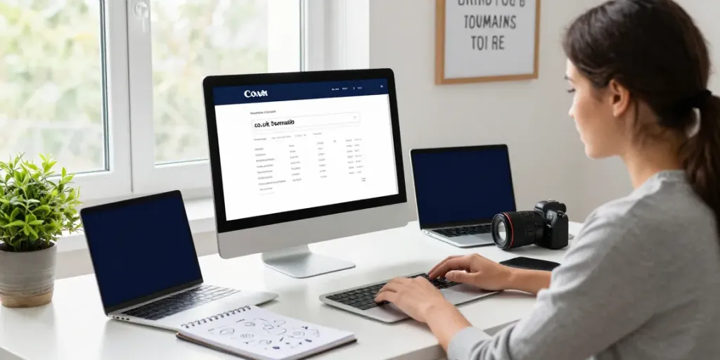 Buy .co.uk domain in a modern workspace with an entrepreneur focused on domain registration.