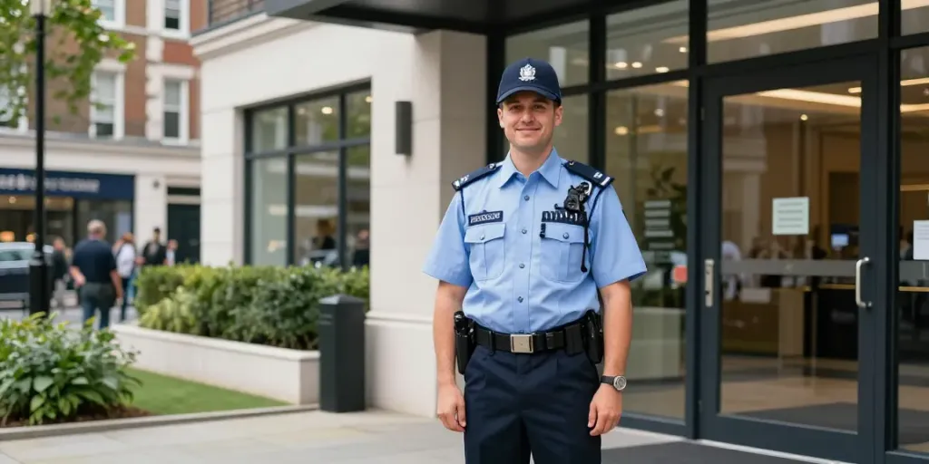 Security Guards providing professional service at a local business entrance in London.