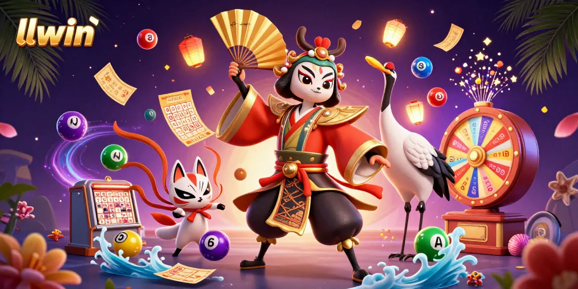 Experience thrilling gameplay at llwin with an energetic casino illustration featuring kabuki warriors and dynamic lottery elements.