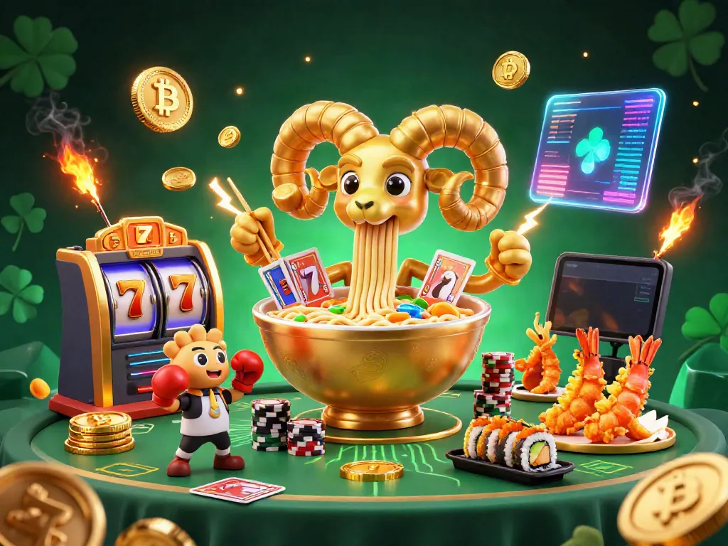 Experience thrilling fun with LUCKY77 as a playful ramen bowl deals cards amidst dazzling neon cryptocurrency elements.