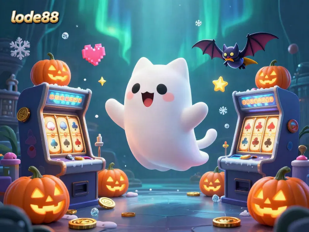 Engage with lode88 in a vibrant casino scene featuring a ghost cat and vampire bat amidst glowing games.