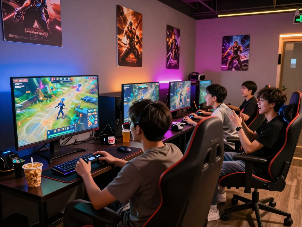 Engaged group of gamers playing an adult game in a vibrant gaming lounge, showcasing modern gaming culture.