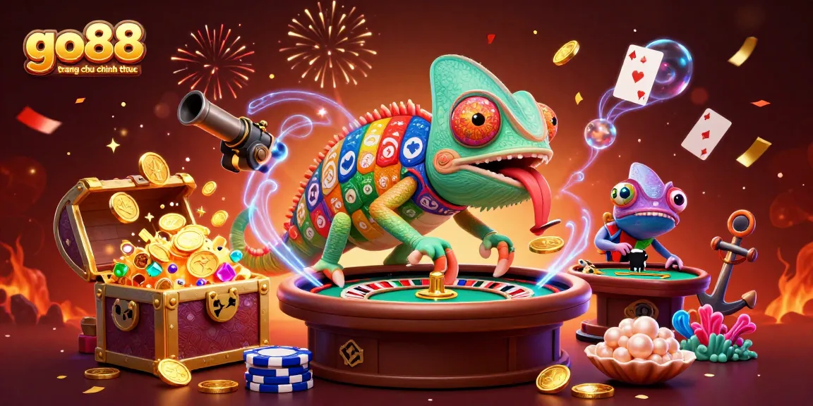 Experience go88 trang chu chinh thuc with a vibrant chameleon casino owner surrounded by treasure and games.