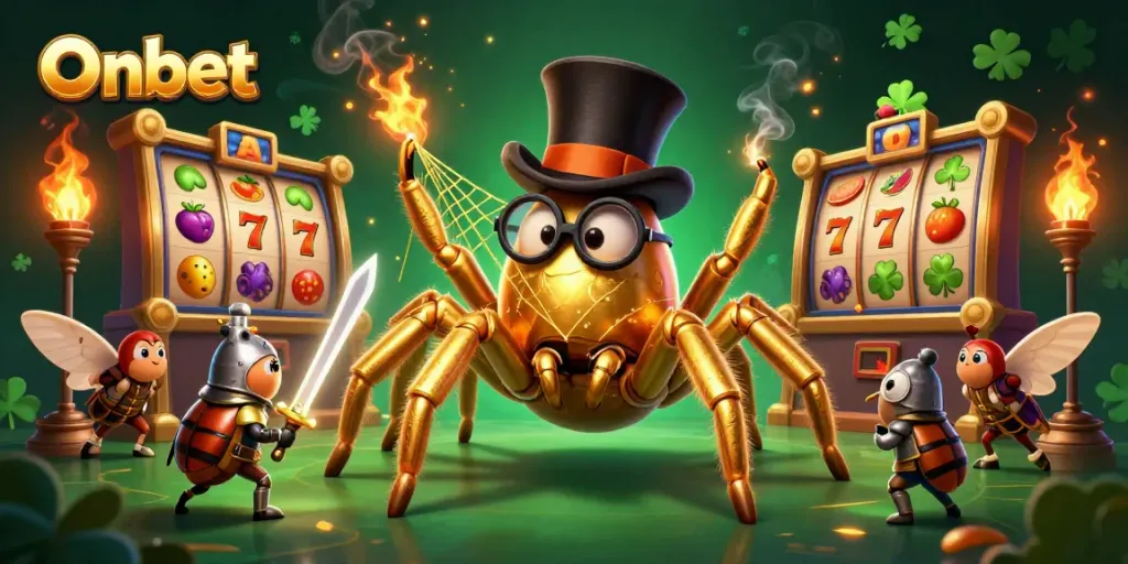 Engage in Onbet's dynamic casino world with a golden tarantula and beetle knight as they weave excitement.