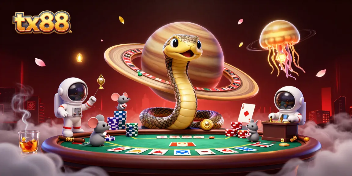 tx88 casino scene featuring cosmic jellyfish dealer, astronaut mice betting on roulette