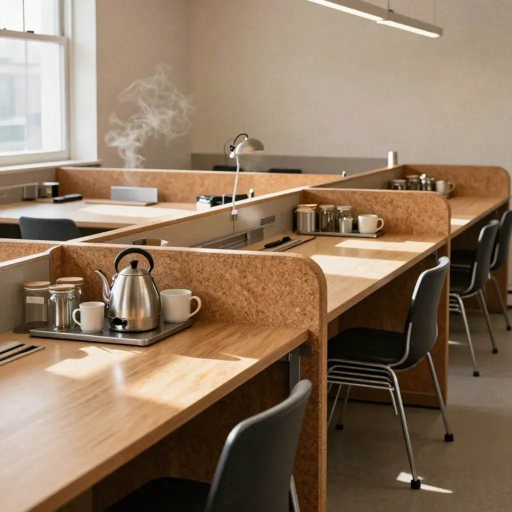 Shared hot-desk bay with ash tables, tea station, chairs, and soft afternoon light.