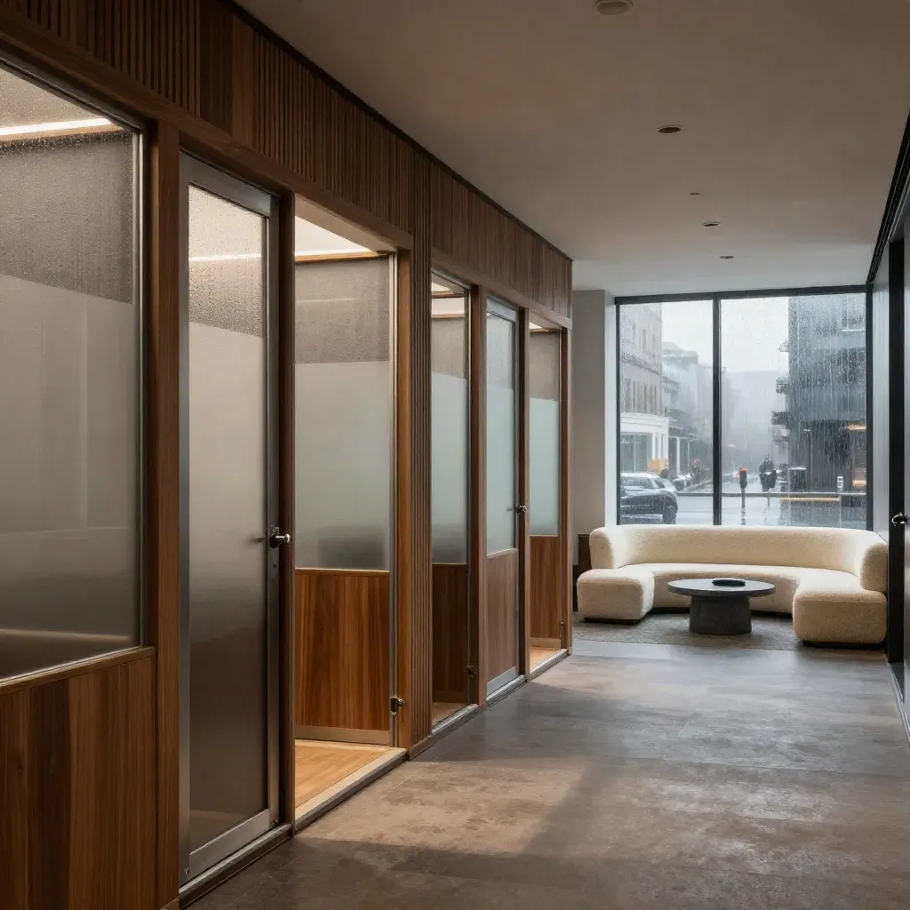 Rain-lit premium coworking suite with frosted-glass pods, walnut slats, and calm window light.