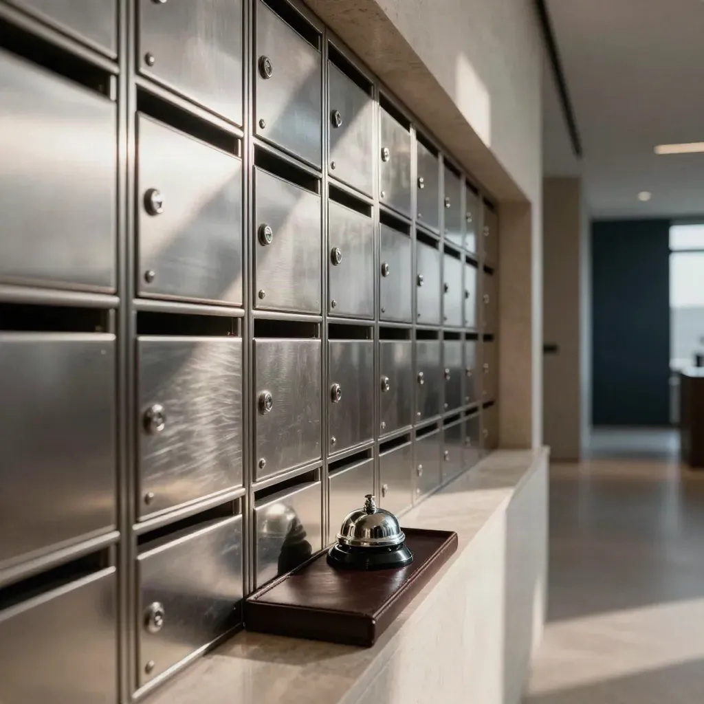 Polished mail lobby with mailbox slots, parcel shelf, bell, and leather tray in moody light.