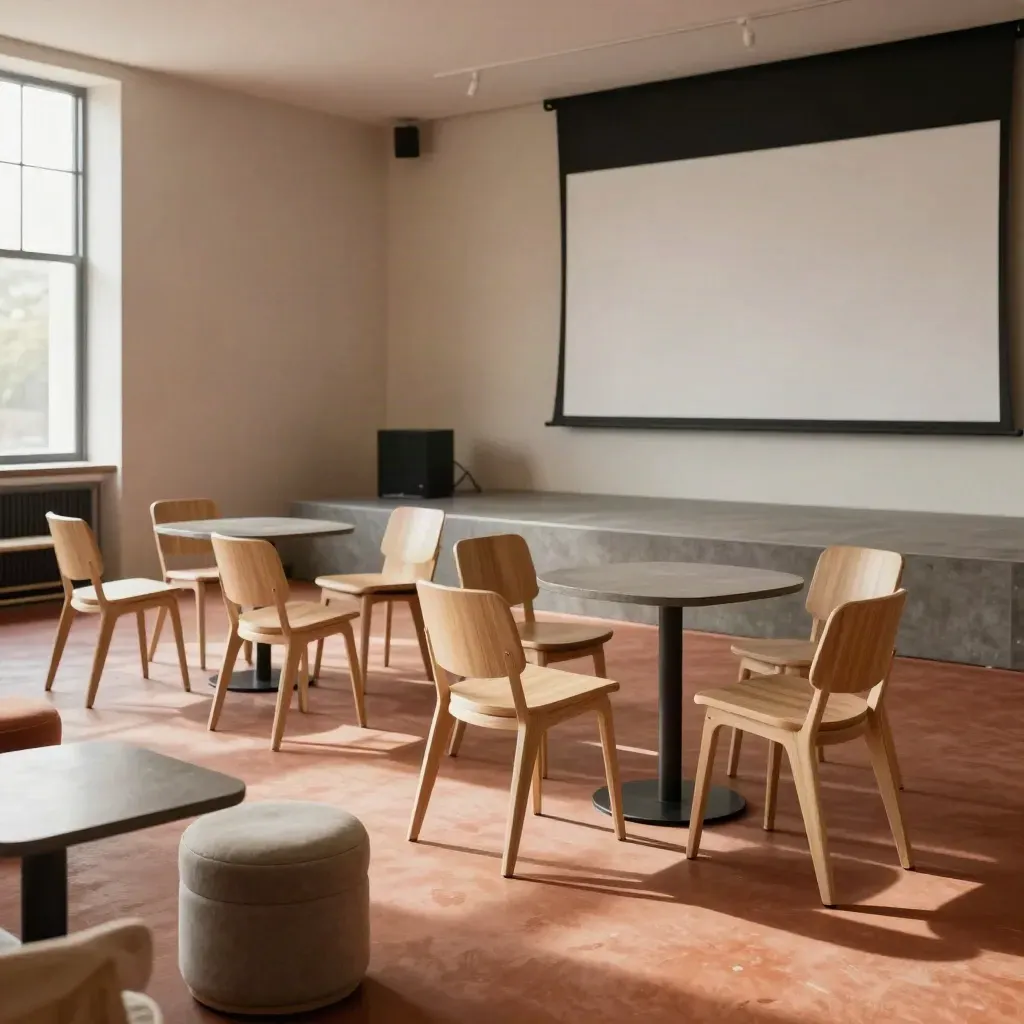 Empty event space with stacked chairs, modular tables, low stage edge, and a blank projection wall.