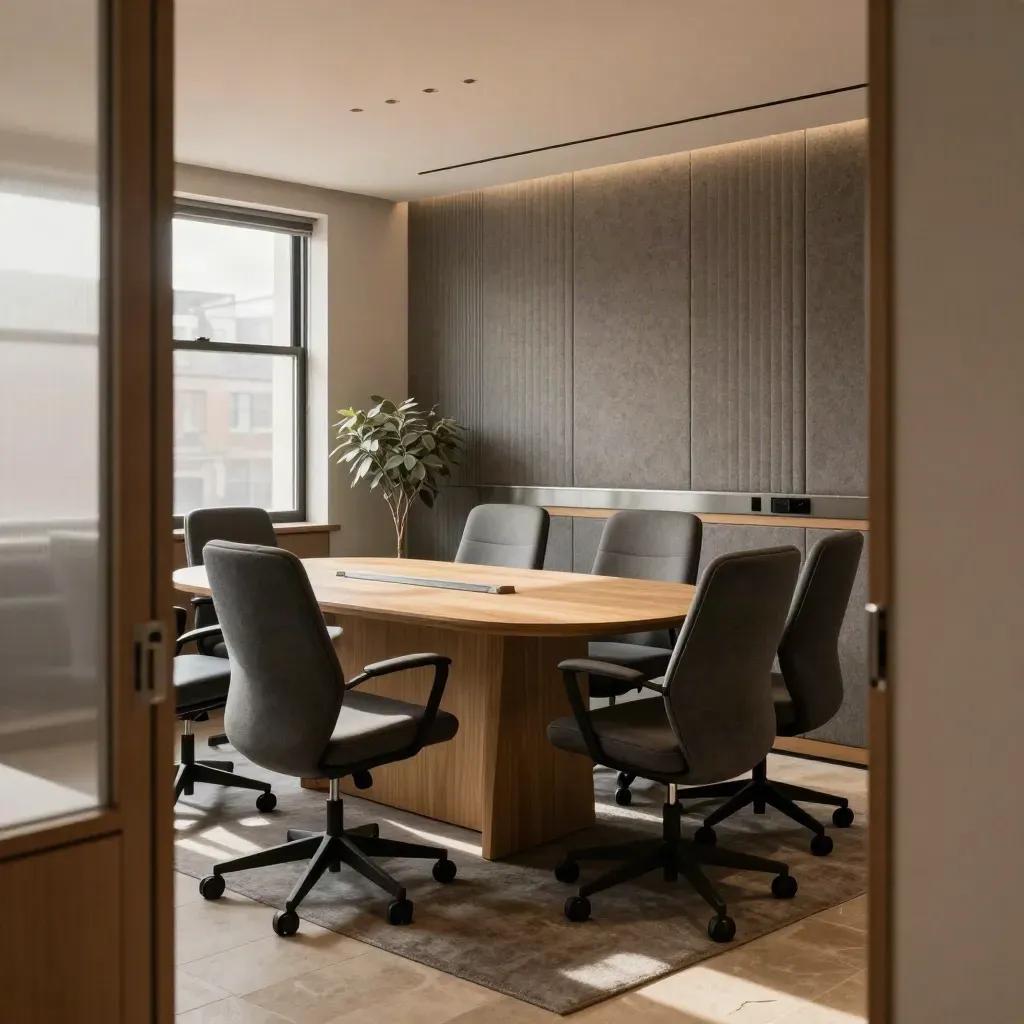 Six-seat Shoreditch office with oak table, ergonomic chairs, acoustic panels and sunlit calm.
