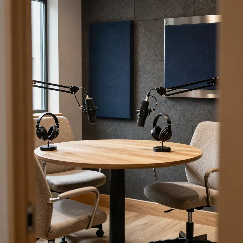Empty podcast studio with twin mics, acoustic tiles, headphone stands and two guest chairs in soft light.