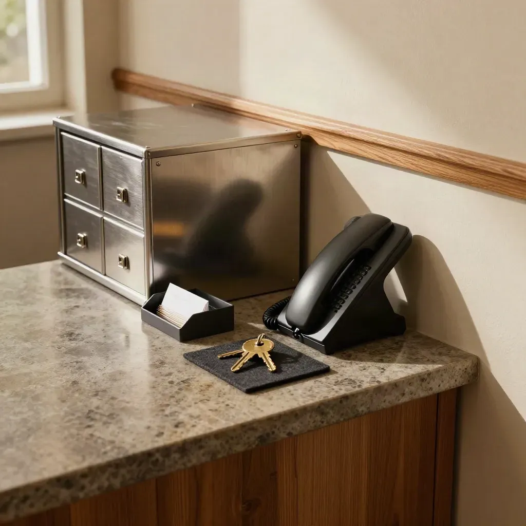 Top-down virtual office reception setup with secure mail shelf, phone cradle, brass keys and letter tray