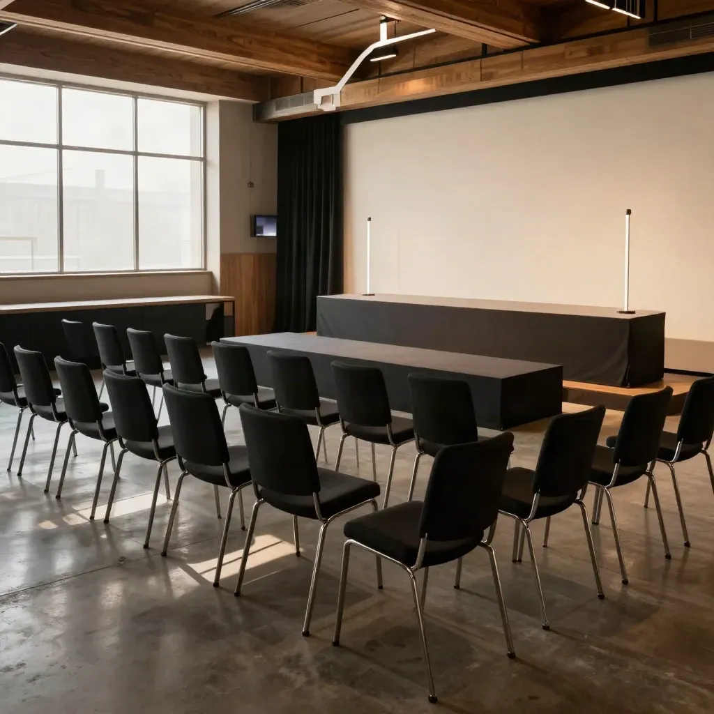 Empty launch-night event room with rows of chairs, demo plinth, and glowing uplights.