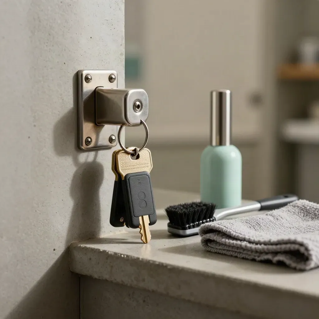 Macro still life of brass keys, RFID fobs, latch plate and plant mister on concrete.