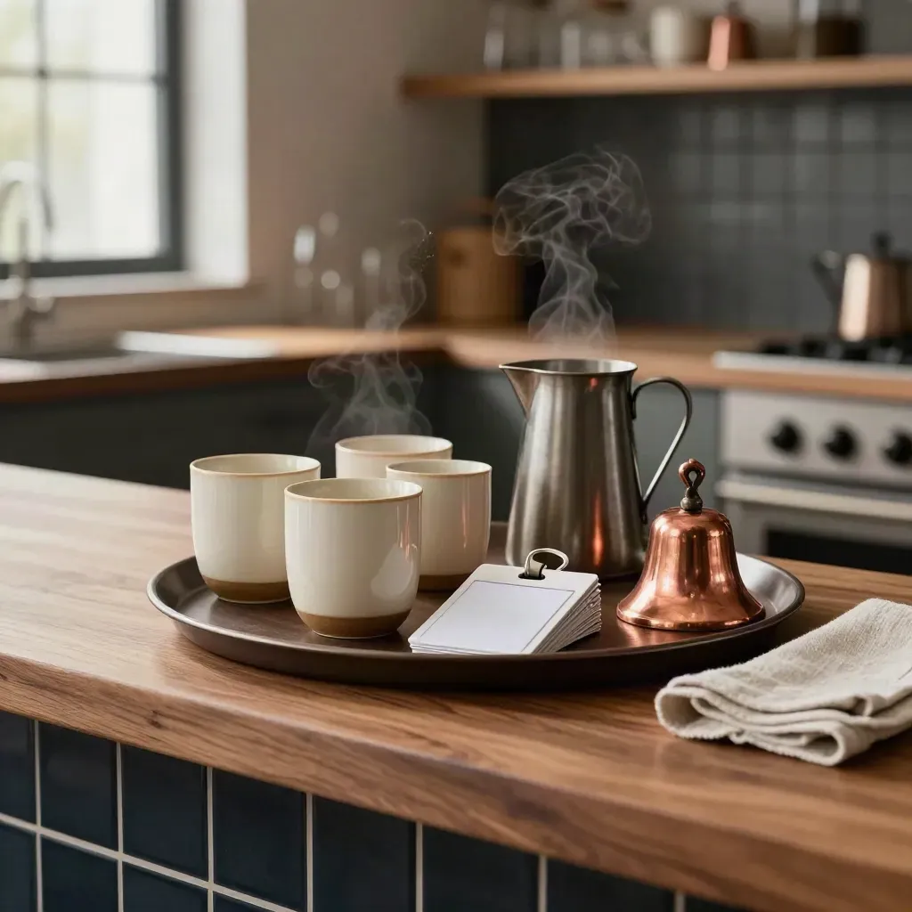 Pantry-edge hospitality tray with ceramic cups, copper bell, jug and lanyard clips in dramatic light