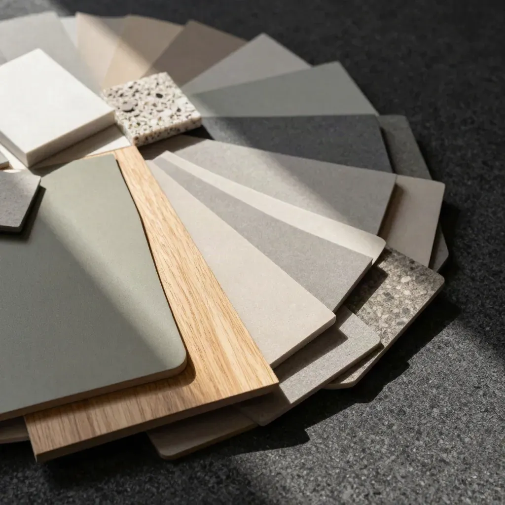Office planner sample fan with felt swatches, laminate blocks, slate and limestone chips.