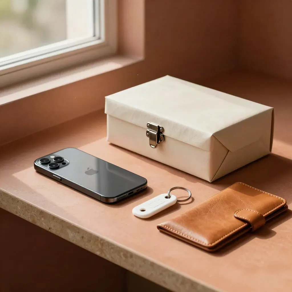 Polished handset, parcel box, key fobs and leather tray on a terracotta support counter