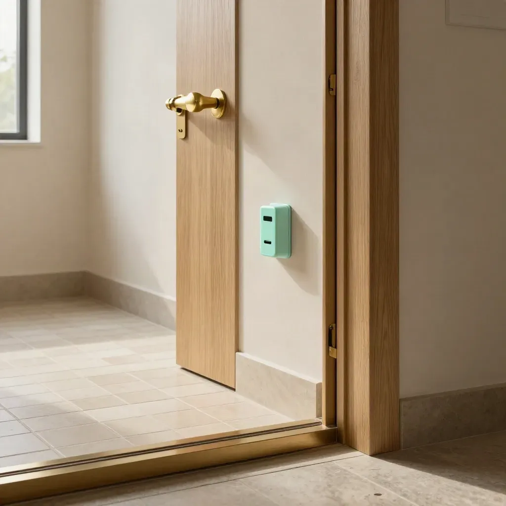 Open coworking doorway with brass latch, glowing access reader and tiled entry niche