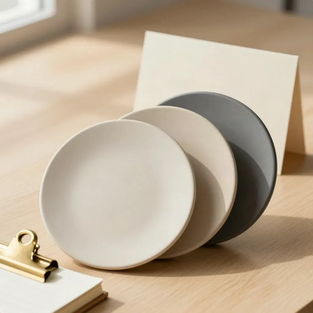 Three plan discs, brass clip and notebook edge on pale wood in soft light.