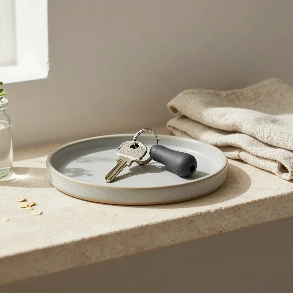 Key ring, fob, linen, and plant cutting in a ceramic tray on a stone shelf.