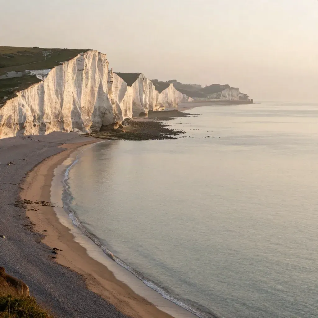 Golden chalk cliffs above a quiet South East shoreline with mist and a distant roofline.