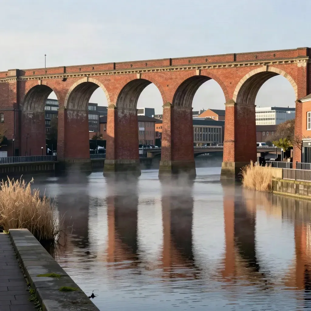 Brick viaducts over calm canal water in warm haze, Birmingham skyline high in frame