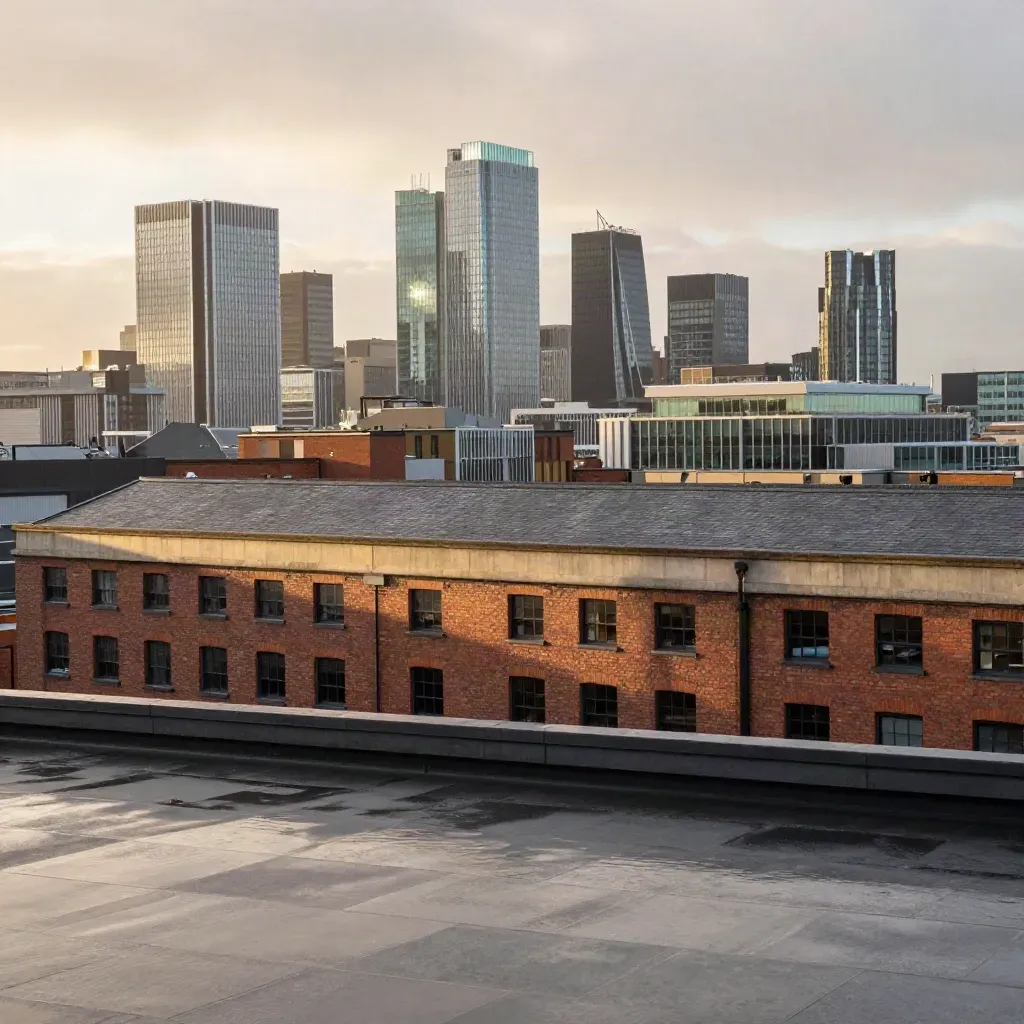Manchester skyline over a calm wet rooftop plane in golden haze