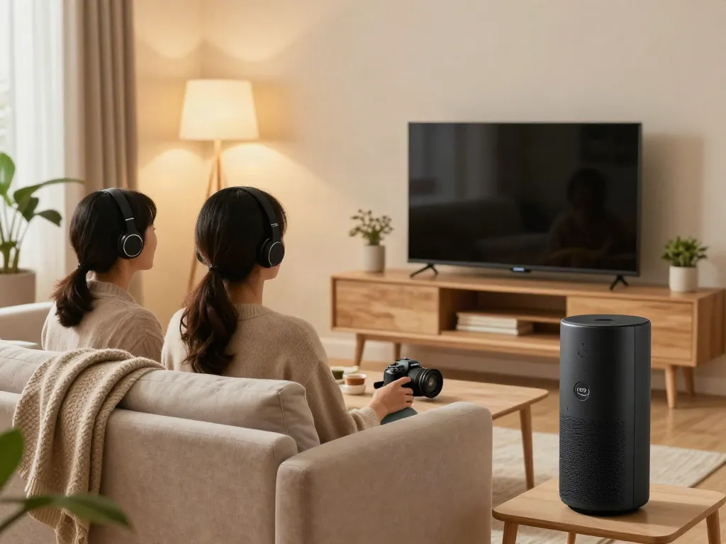 Cozy living room with Vision Speaker in use, couple enjoying music.