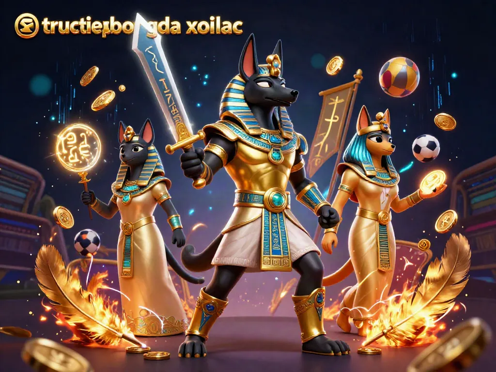 Experience tructiepbongda xoilac with vibrant sports elements, featuring a striking Anubis warrior and a sacred cat amidst dynamic action.