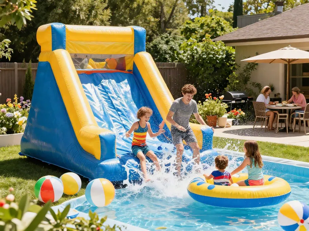 Exciting inflatable water slide action with children enjoying summer fun.