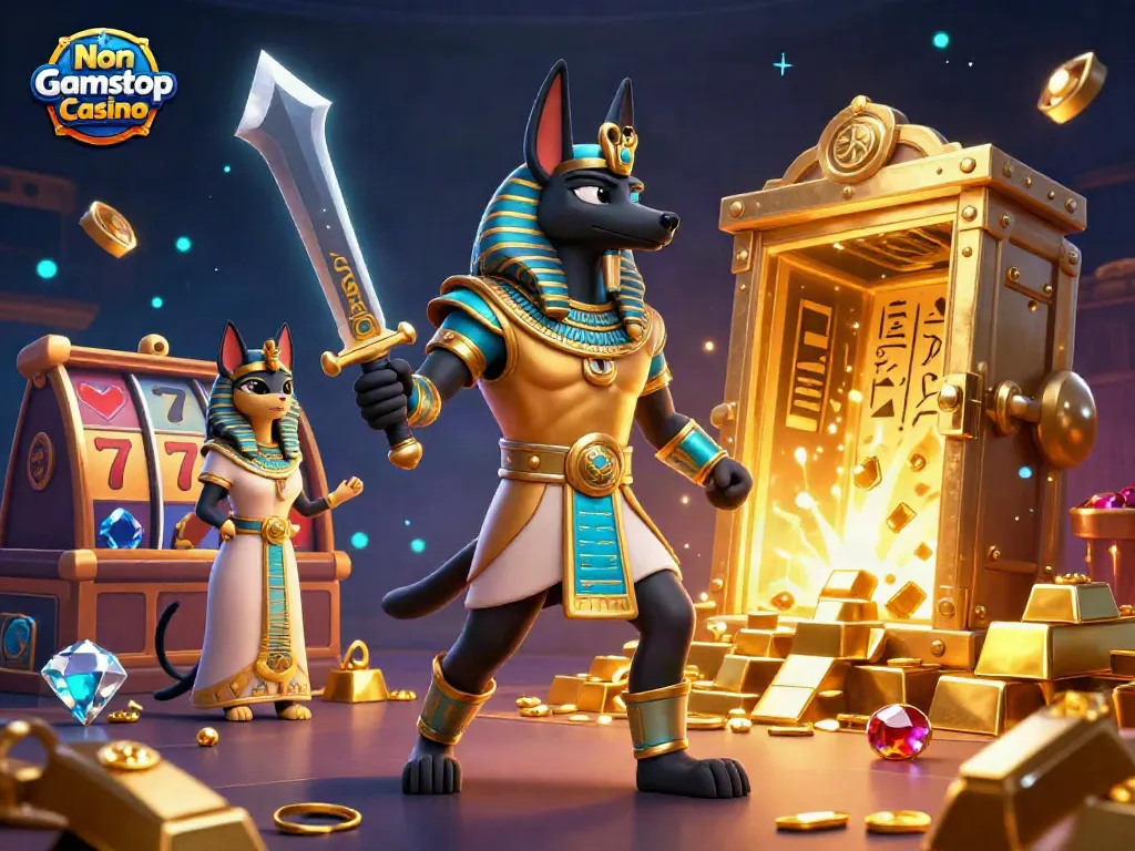 Attract players to the Non Gamstop Casino with an engaging scene of Anubis and Bastet surrounded by treasures.