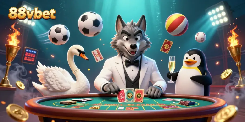 Experience thrilling gaming with 88vbet in this vibrant casino scene featuring unique characters.