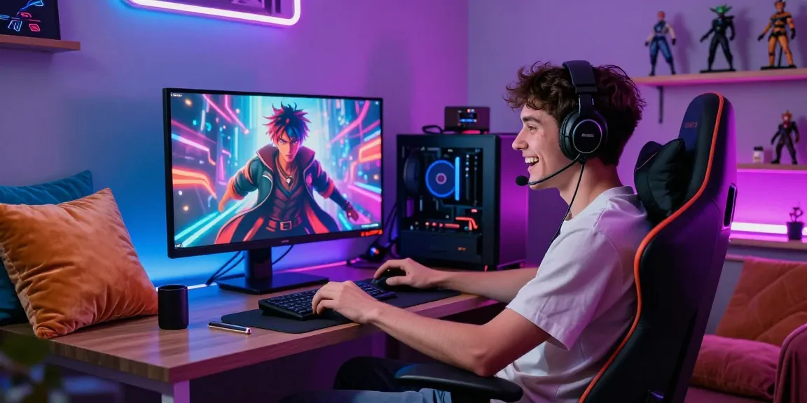 User enjoying an nsfw ai interaction in a stylish gaming setup, showcasing vibrant digital art and immersive atmosphere.