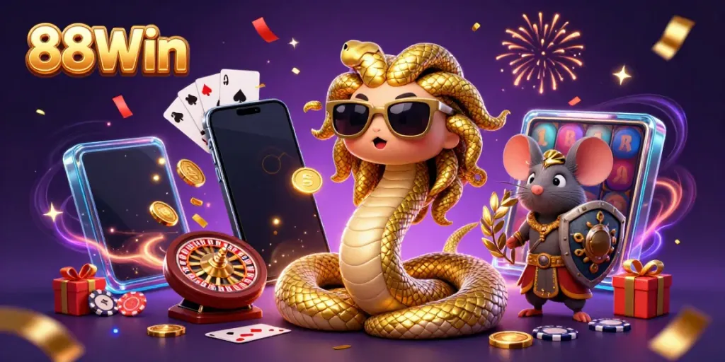 Spin the reels with 88Win's vibrant casino scene featuring Medusa and a warrior mouse surrounded by gaming elements!