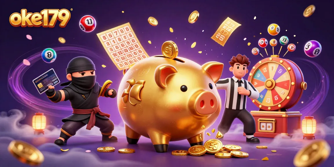 Engage with oke179's dynamic piggy bank sumo wrestler amidst cascading coins and lottery balls in a colorful casino scene.