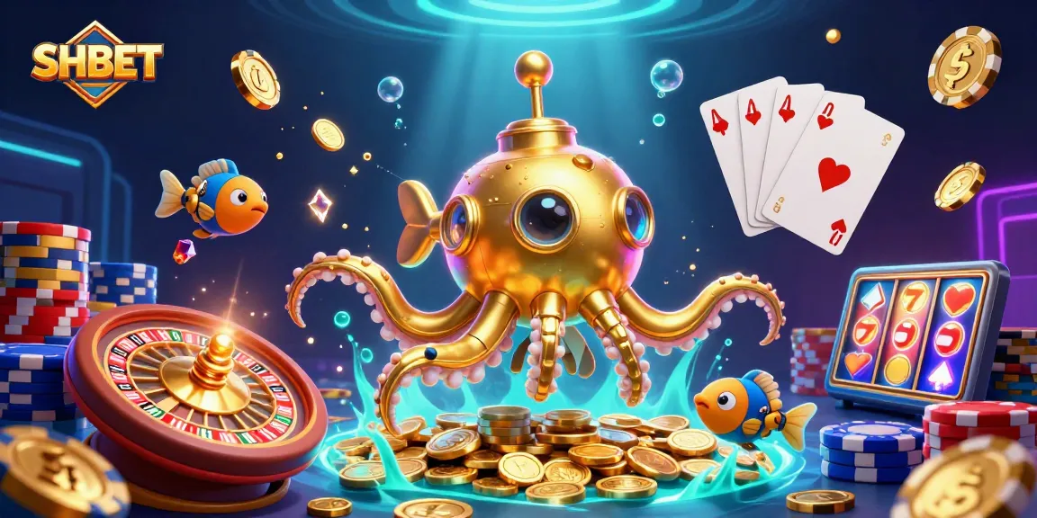 Join the thrilling SHBET experience with a golden kraken submarine amidst a treasure of coins and games.