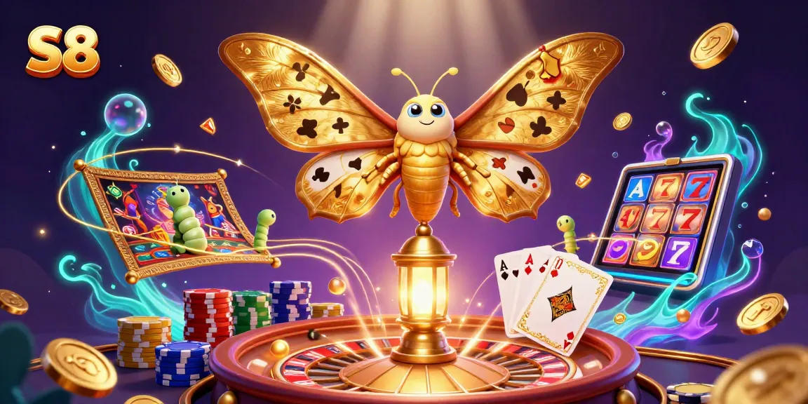 S8 captures excitement with 3D casino scenes adorned by an atlas moth and vibrant gold coins.
