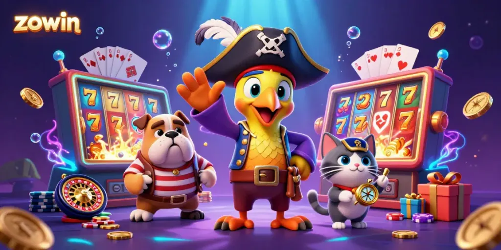 Engage with the exciting world of zowin casino games with a vibrant scene of pirates and lively slot machines.