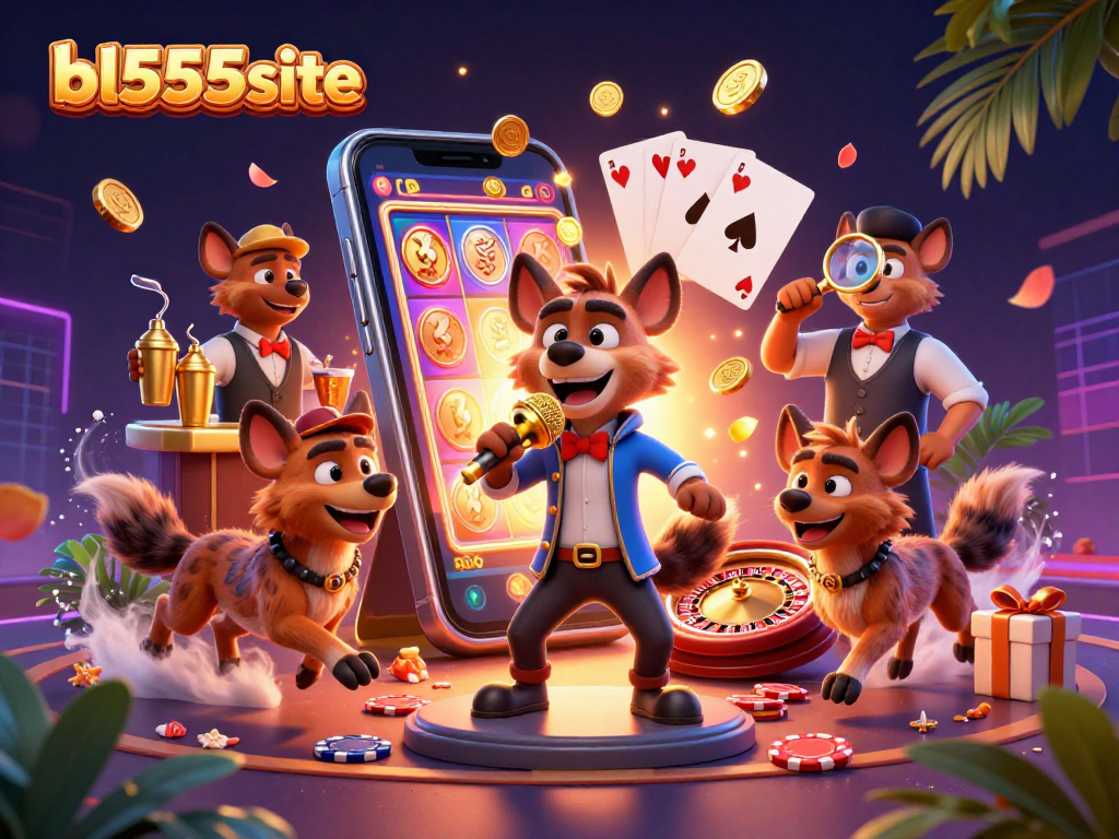 Experience the vibrant energy of bl555site with a lively comedy casino scene featuring hyenas, slots, and golden coins.