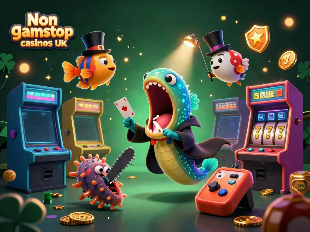 Engage with Non gamstop casinos UK featuring a deep-sea magician performing card tricks amidst vibrant game elements.