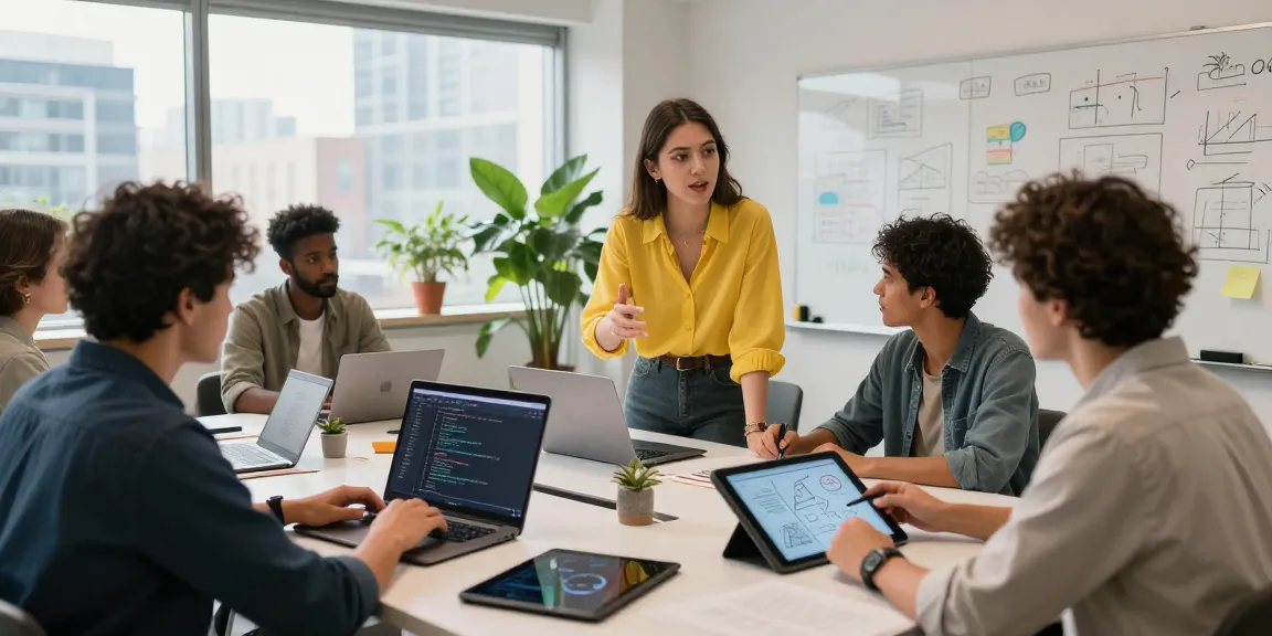 Team collaboratively using AI productivity tools in a vibrant tech workspace to boost innovation and efficiency.