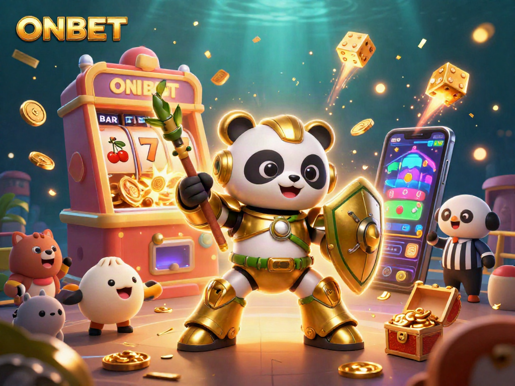 Experience ONBET's exciting gameplay with a dynamic 3D scene of a golden panda mech and vibrant casino elements.