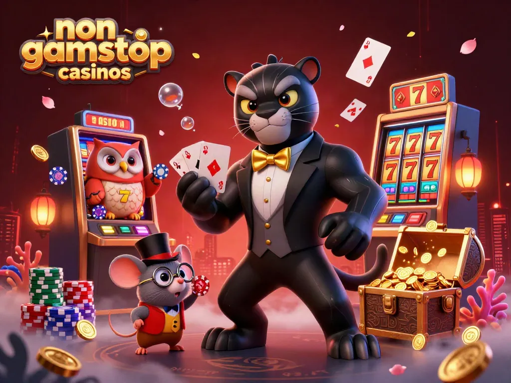 Engage with non gamstop casinos featuring a stylish black panther and colorful casino elements.