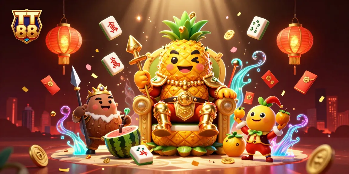 TT 88's vibrant casino scene shows a golden pineapple king with bounty of games and festive elements.