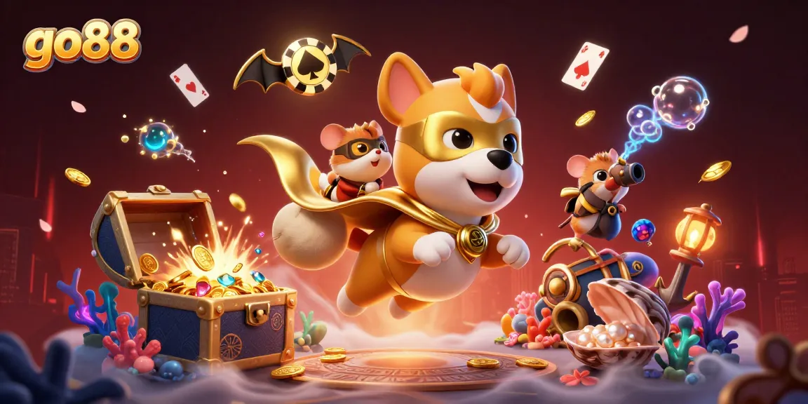 Go88 casino superheroine dog promotes jackpot wins with colorful gems and gold coins.