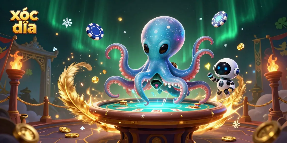 Engage in xóc đĩa with an alien octopus at a dynamic holographic poker table in an exciting cosmic casino.