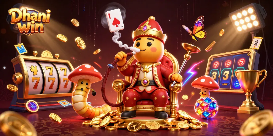 Dhani win offers thrilling slots and poker action, featuring a colorful 3D illustration with a hookah-master caterpillar.